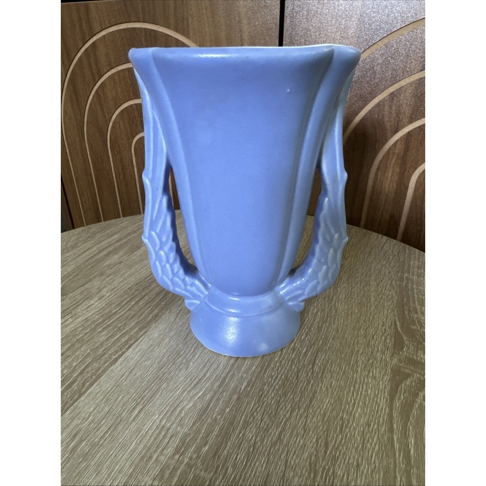 Vtg Niloak Blue Two Handled Angle Winged Vase Art Deco Pottery 7"